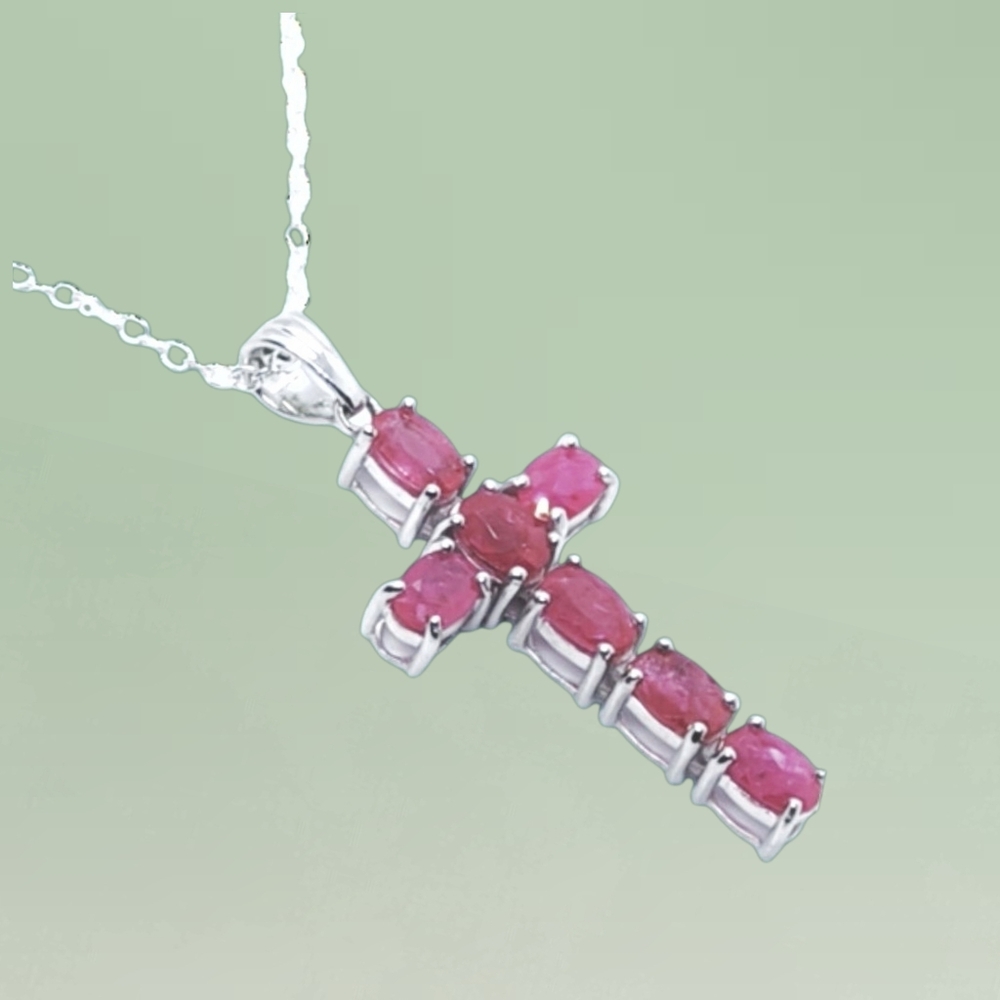 Sterling Silver Lab Grown Pink Sapphire Cross Pendant Necklace. NWOT